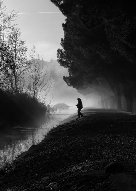Silhouette of a man fishing by a misty river with fog enveloping the scene.
