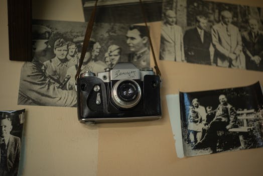 Antique camera surrounded by nostalgic black and white photographs creating a vintage feel.