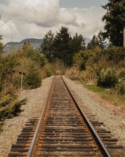 Free A tranquil railway track surrounded by lush greenery in the Vancouver countryside, showcasing natural beauty. Stock Photo