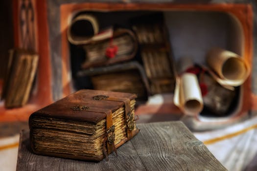 Close-up of a leather-bound antique book on a wooden table, with scrolls in the background, Moscow.