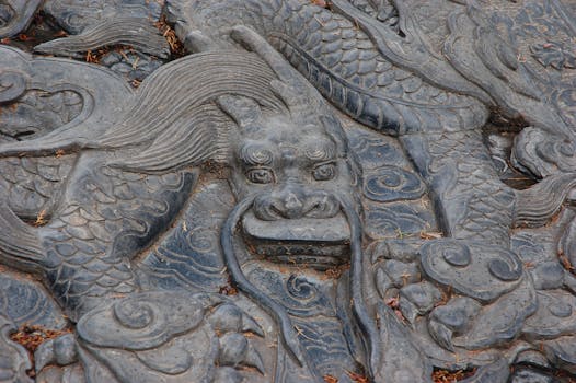 Close-up of an ornate dragon relief sculpture in Zhengzhou, China.