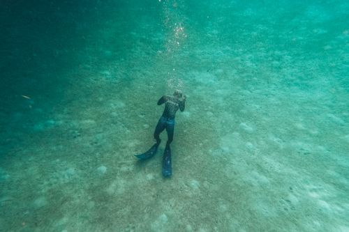 Free Captivating view of a lone diver exploring the deep ocean floor, capturing the serenity of underwater exploration. Stock Photo