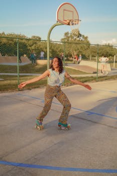 A joyful woman roller skating on a sunny day at a basketball court with a smile.