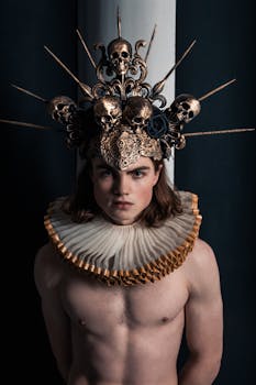 Striking portrait of a shirtless man wearing a spiky crown and ornate collar, exuding dramatic flair in a studio setting.