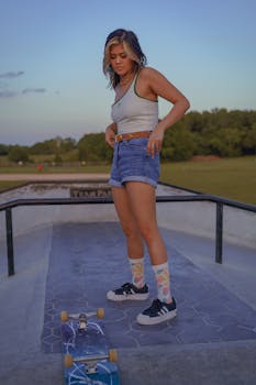 A fashionable young woman in denim shorts poses with her skateboard at an outdoor park during the day.