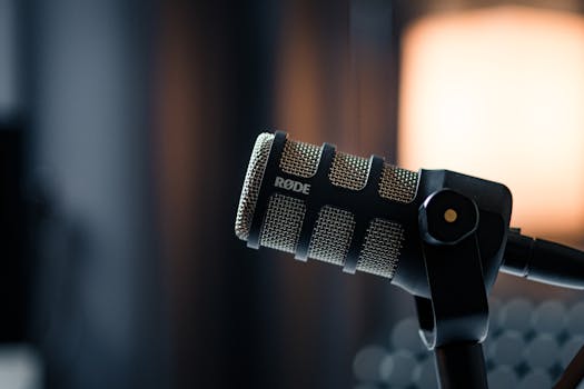 Close-up of a Rode microphone in a studio, emphasizing professional audio equipment.