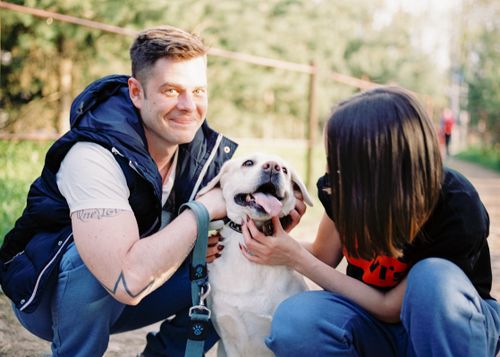 Free A joyful couple petting their happy Labrador Retriever in a sunny outdoor setting. Stock Photo