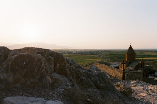 Free Serene morning landscape featuring Khor Virap Monastery and Ararat Plain in Armenia. Stock Photo