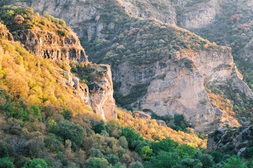 Free Aerial view of eroded rocky mountains and lush trees in autumn light. Stock Photo