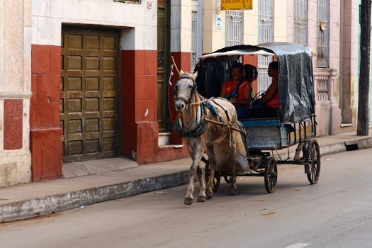 Horse pulling a cart with passengers down a cobblestone street in a quaint town setting.