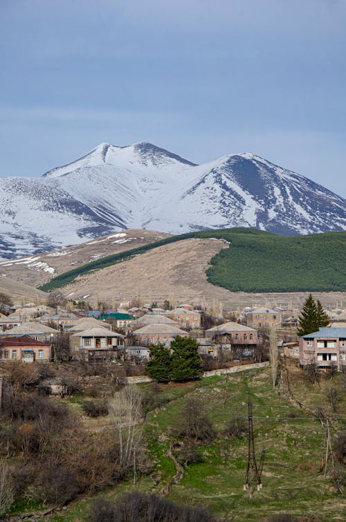 Houses near a Snow-Covered Mountain