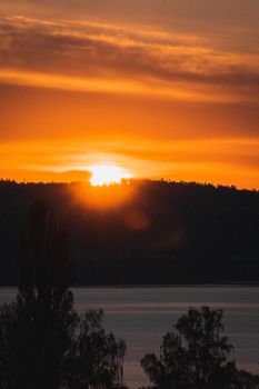 A beautiful sunset casting golden hues over a calm lake, framed by silhouetted trees.