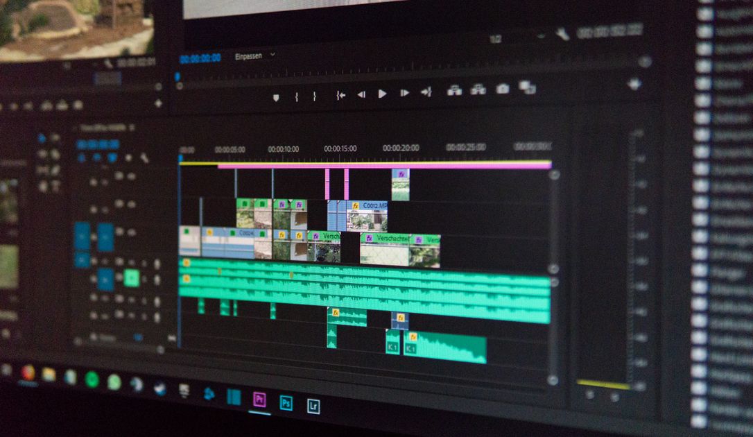Video editing timeline interface showing clips and transcripts side by side
