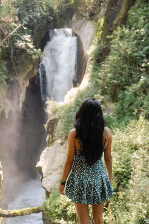 Back View of a Woman Near a Waterfall