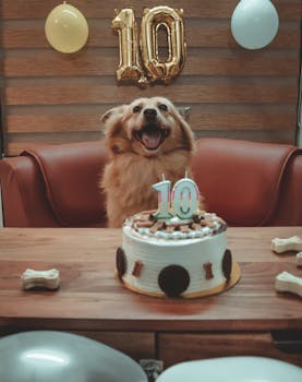 A joyful dog celebrates its tenth birthday with a cake and festive balloons indoors.