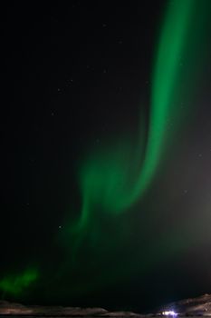 Capture of vibrant aurora borealis in Teriberka, Russia's night sky.