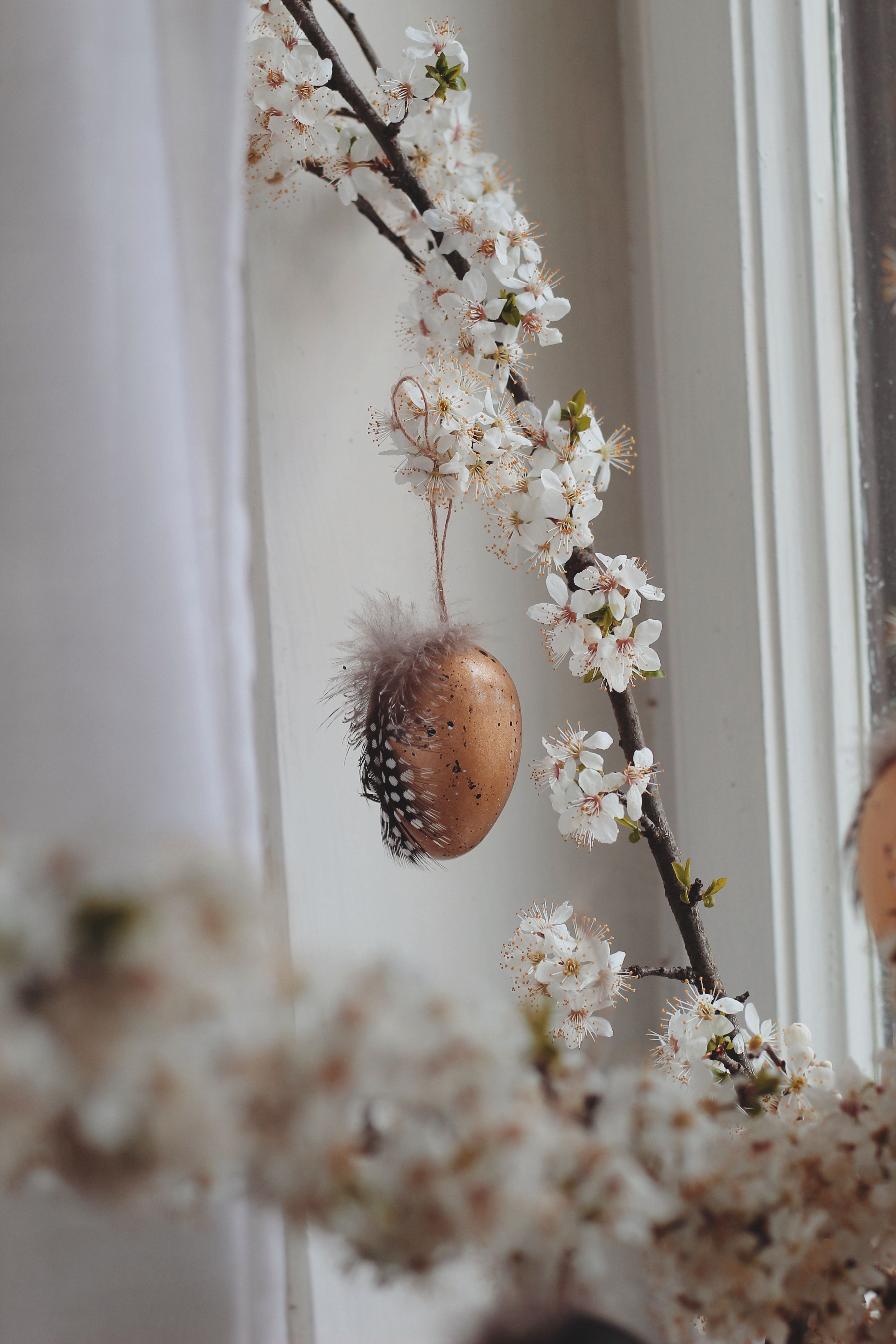 Delicate Easter egg decoration among blooming branches near a window.