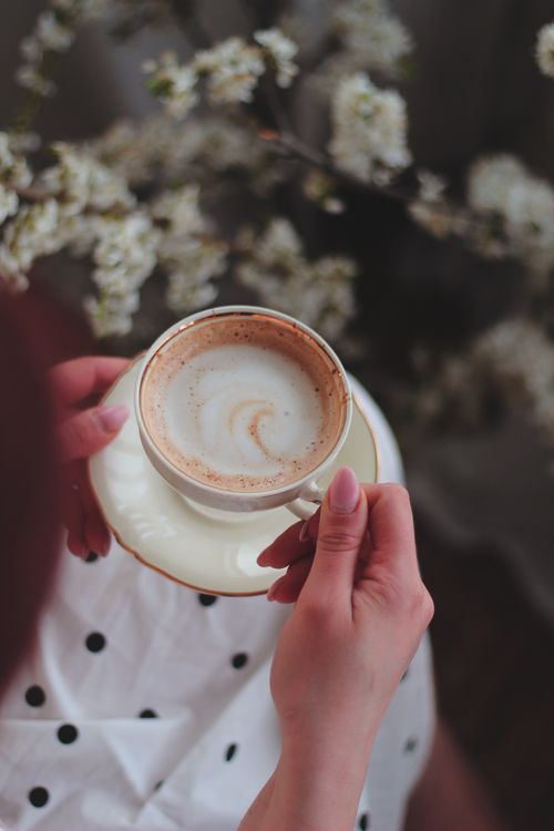 Free Elegant cappuccino held in hand with beautiful floral decor in the background. Stock Photo