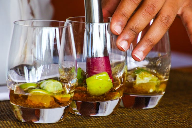 Three Rock Glasses With Smashed Fruits