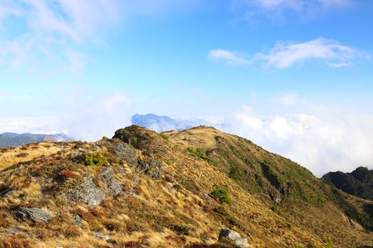 Explore the serene landscape of Taoyuan District, Taiwan with this stunning mountain scenery featuring rocky hills and cloudy skies.