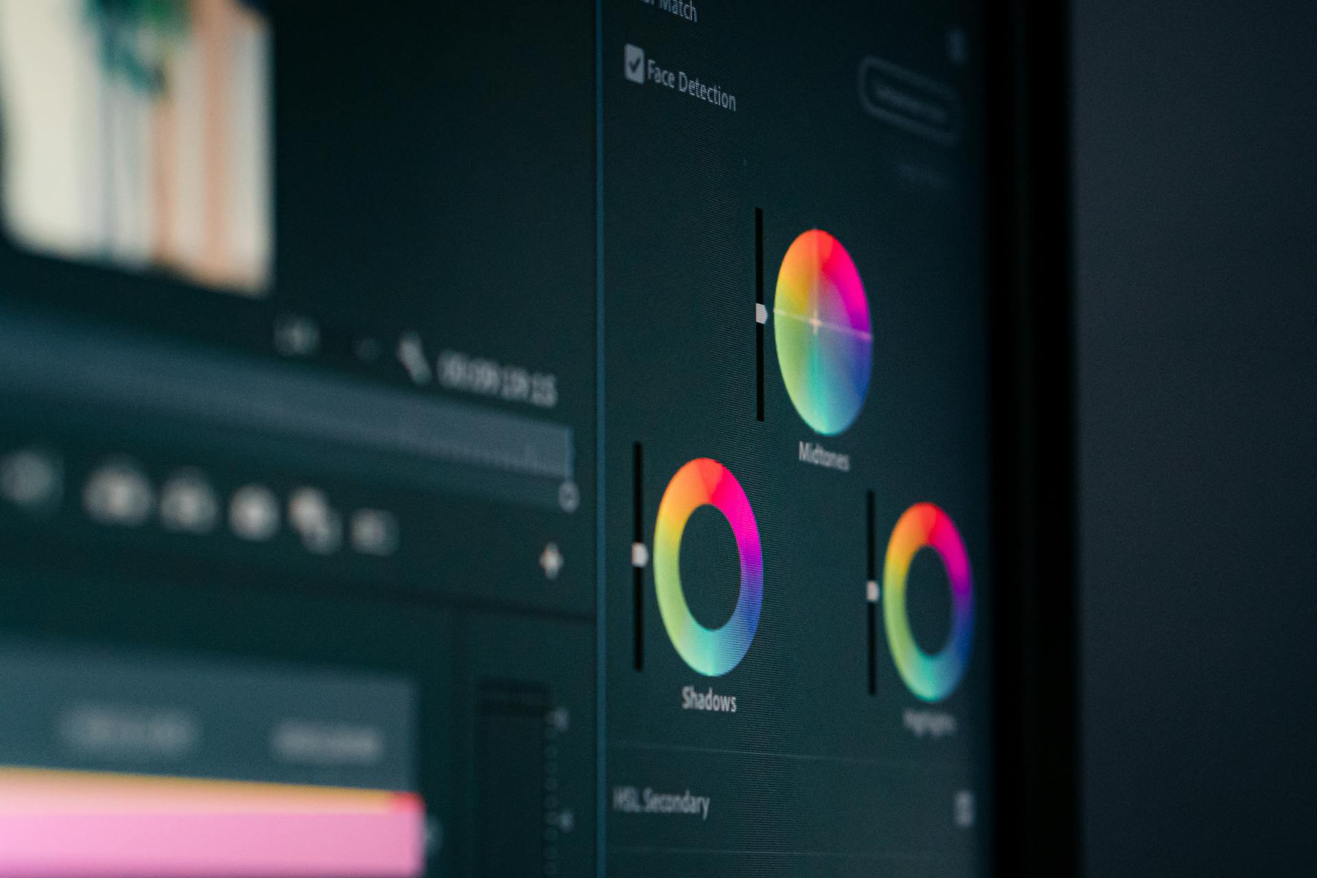 Close-up of color grading wheels on a monitor, showcasing digital editing in vibrant hues.