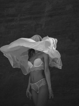 Elegant black and white photo of a woman in lingerie with flowing fabric.