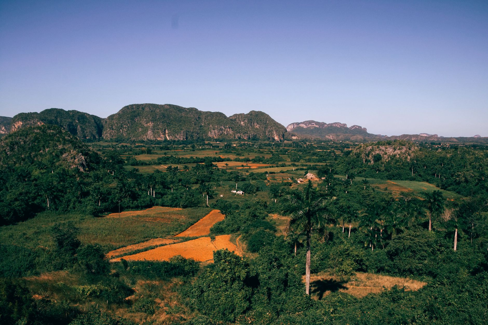 Aerial view of lush green countryside with fields, forests, and distant mountains under a clear blue sky.