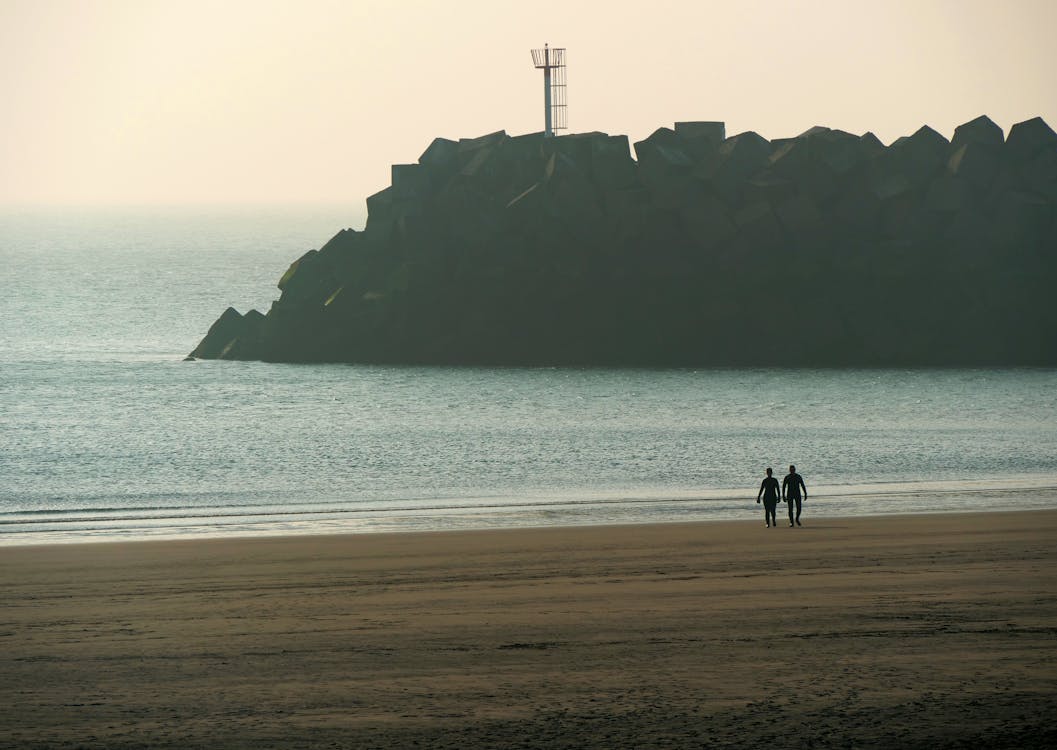 Silhouettes of People Walking on a Beach 