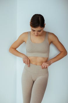 Young woman adjusting her fitted beige sportswear indoors for a modern fitness look.