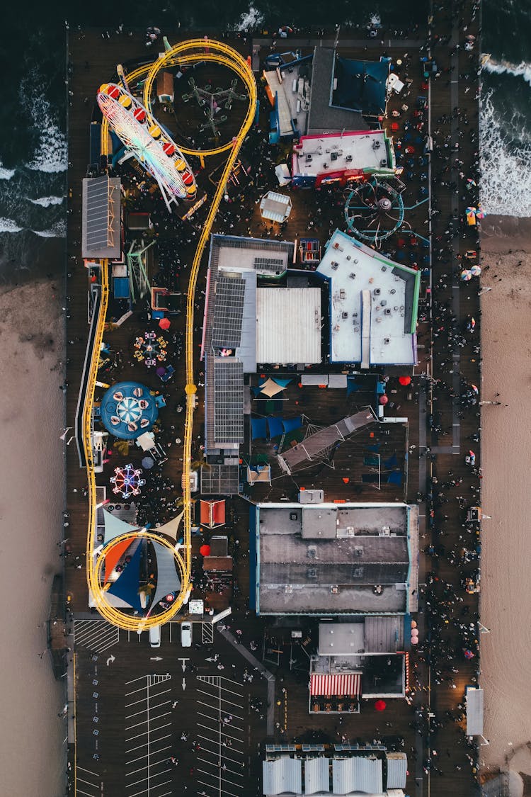 Drone Footage Of Pacific Park On Santa Monica Pier