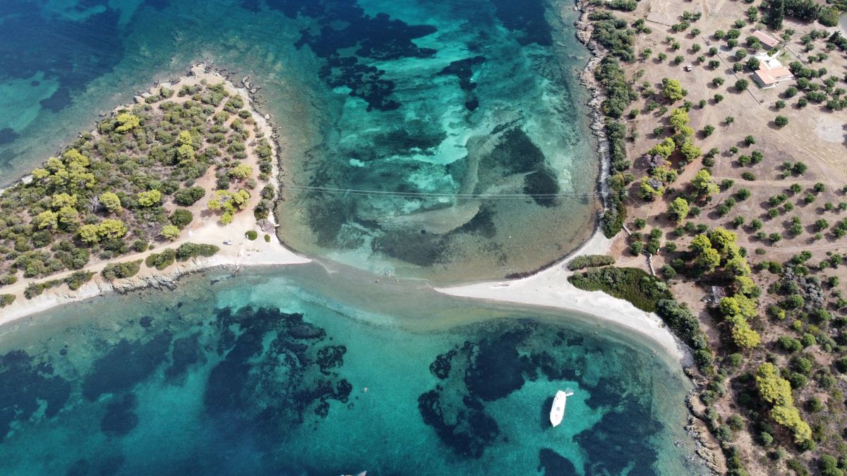 An aerial shot of a beach with clear water