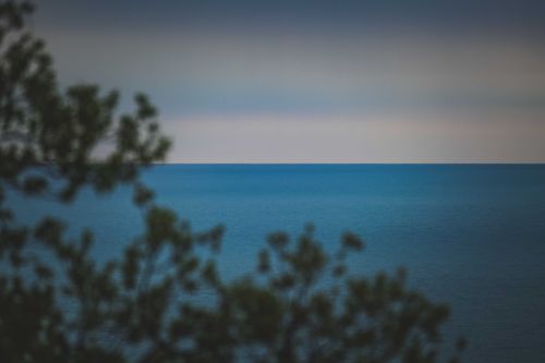 Free A tranquil seascape at dusk with blurred tree silhouettes in the foreground and a calming sky above. Stock Photo