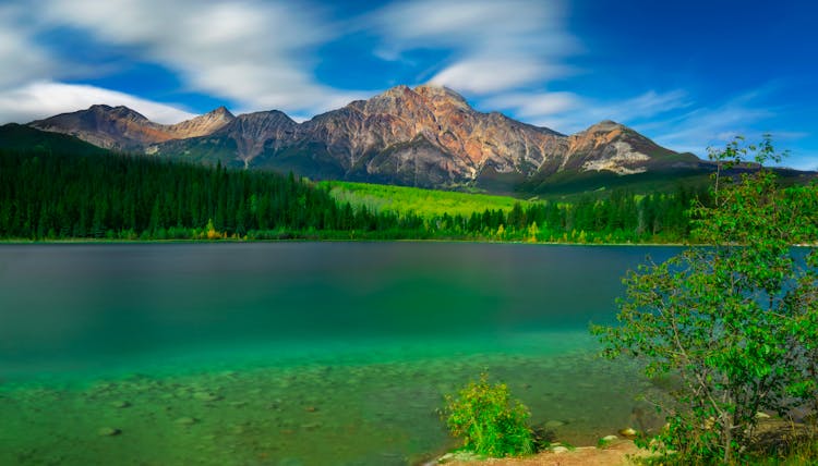  Forest And Mountains Seen From The Patricia Lake In Jasper National Park, Alberta, Canada 