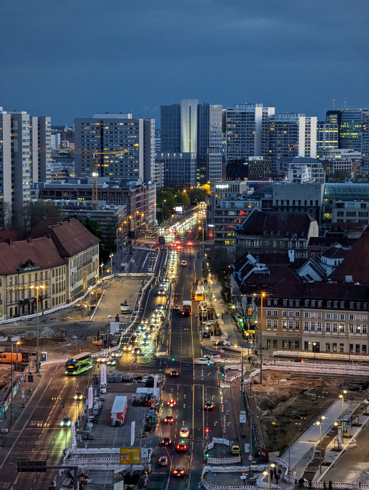 Aerial view of Berlin streets and buildings at dusk