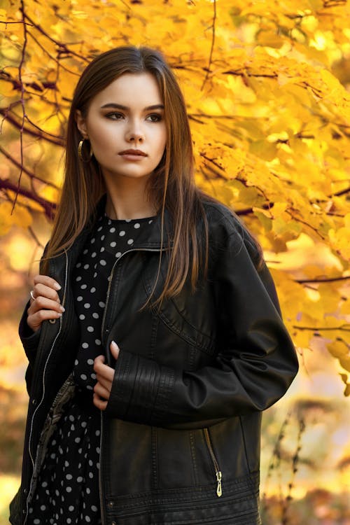 Beautiful Woman Wearing Black Leather Jacket