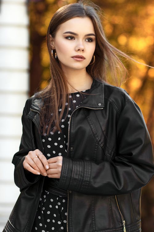 Attractive Woman Wearing Black Leather Jacket