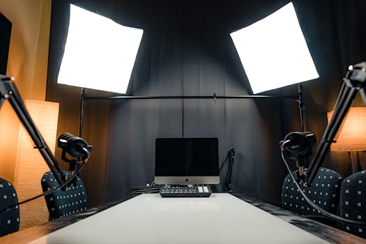 A modern podcast recording studio with microphones, lighting, and computer equipment.