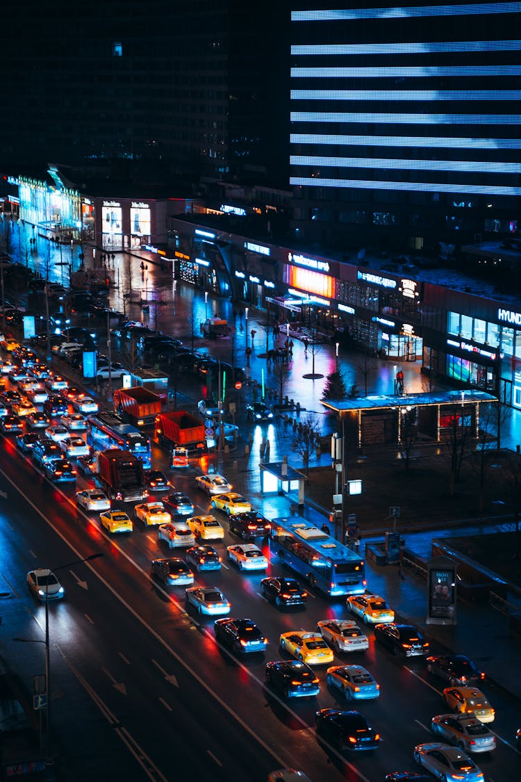 Night View Of Car Traffic In City