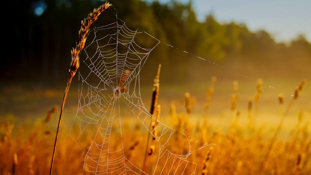 A delicate spiderweb glistens in sunlight amidst a serene rural meadow.