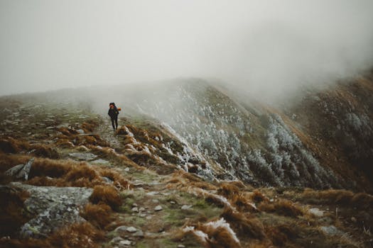 A lone hiker walks along a foggy mountain trail, embraced by nature's serene landscape.