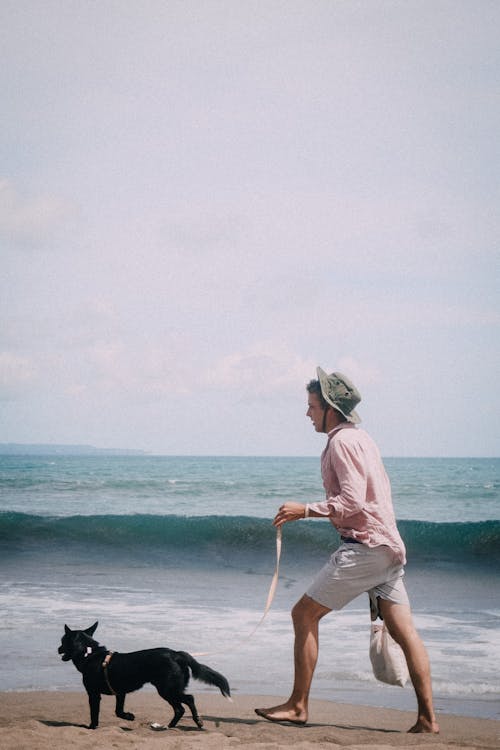 A Man Walking on the Shore with His Dog