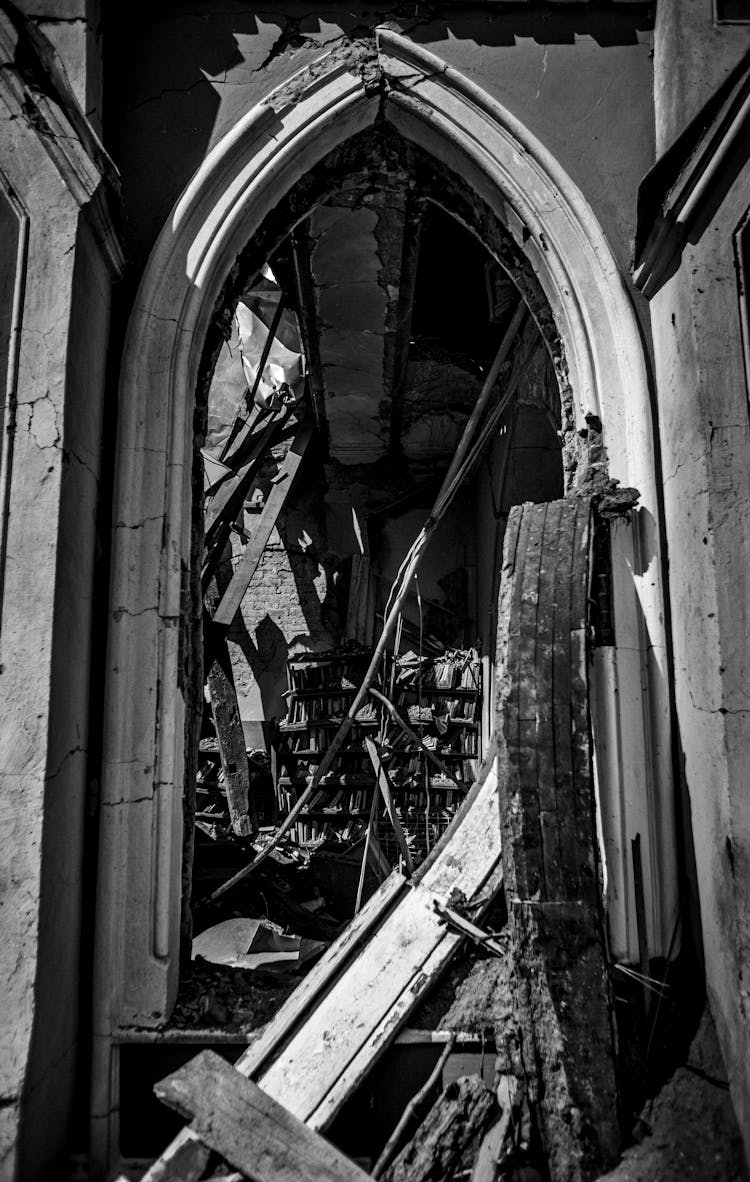 Ruins And Rubble By An Library Archway