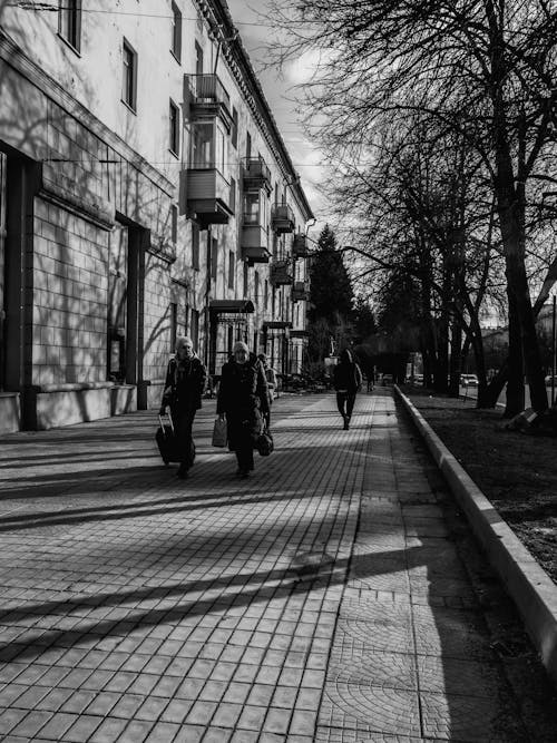 Grayscale Photo of People Walking on a Sidewalk