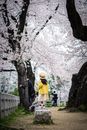 Woman in Yellow Coat and Blue Denim Jeans Walking on Pathway
