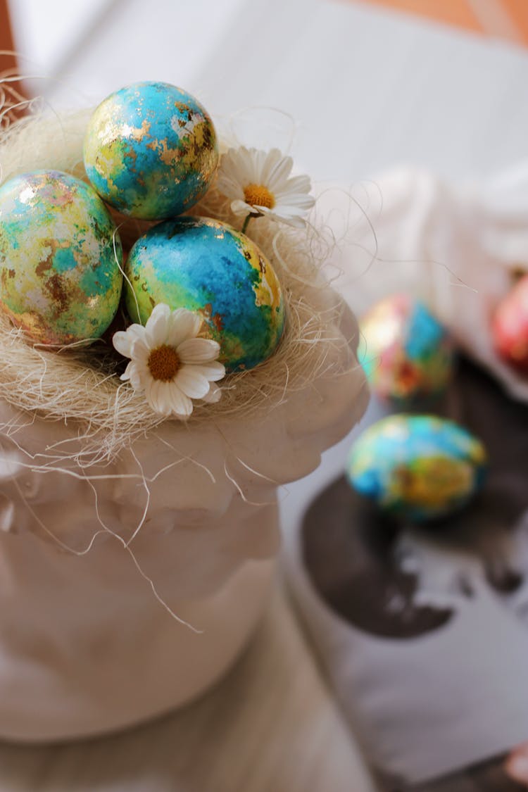 Painted Eggs And Flowers In Bag