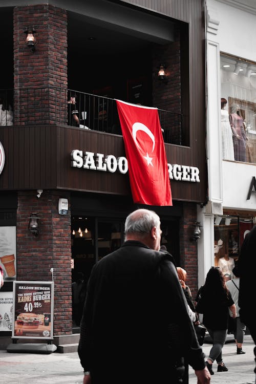 Turkish Flag Hanging from a Restaurant's Railing