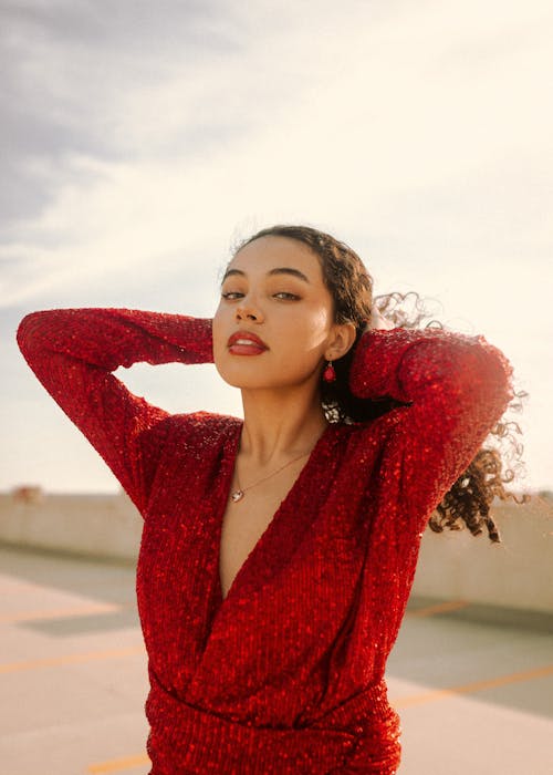 Portrait of Beautiful Woman in Red Dress 