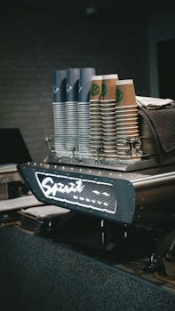 Neatly stacked coffee cups on a modern espresso machine in a cozy café setting.