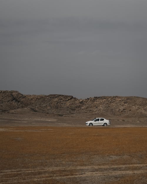 View of a White Car Driving through a Desert 