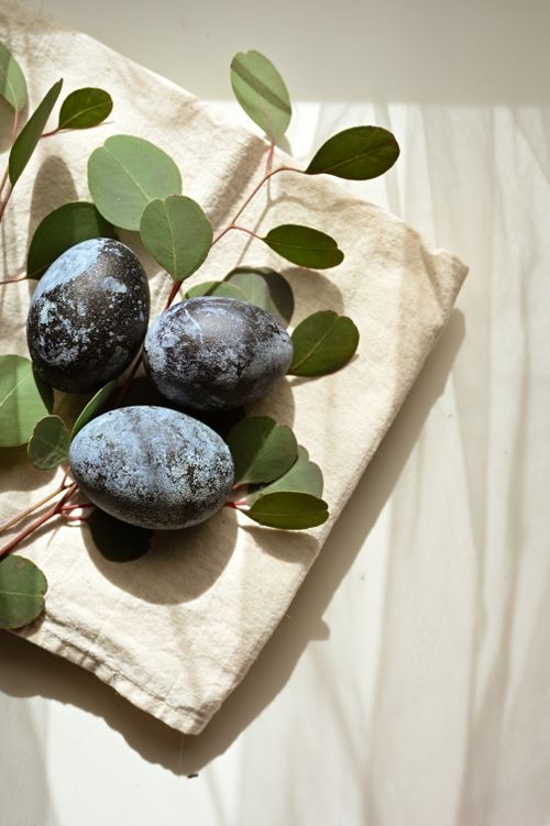 Free A modern still life of painted eggs with green leaves on a cloth under natural light. Stock Photo